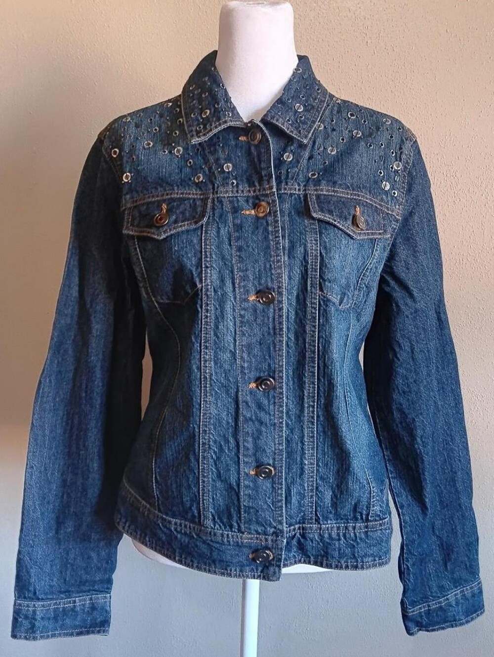 Western Grunge Westbound Denim Sequin Cotton Jacket Button Up Medium Blue Jean - Picture 7 of 9